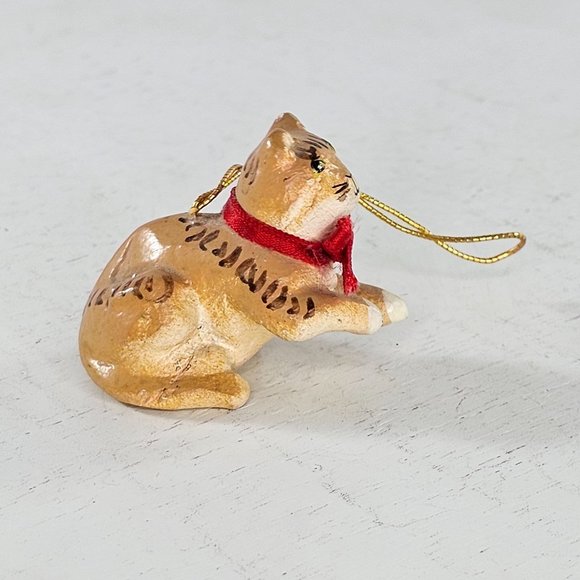 Vintage Cat Ornament Orange Tabby Hand Painted Folk Art - Picture 4 of 10